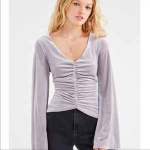 Urban Outfitters Top Marie Ruched V-neck Grey Velvet Bell Sleeve Soft UO Velour